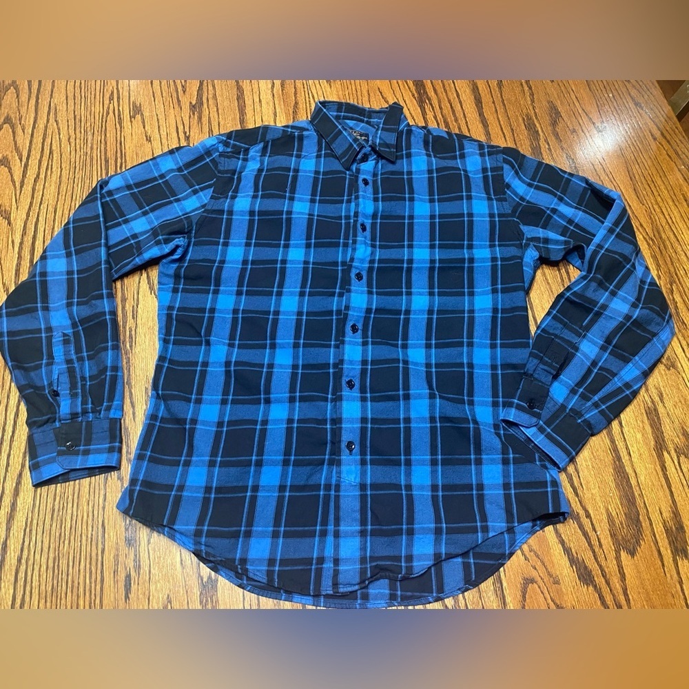 Zara Man Large Blue Slim Fit Plaid Button Down Casual Shirt Long Sleeve